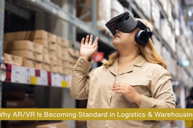 Warehouse worker using smart glasses for AR/VR picking guidance inside a distribution centre aisle.